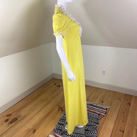 Vintage 60s 70s Yellow Mod Maxi Dress Lace Prairie Babydoll M Medium Polyester - Picture 7 of 10